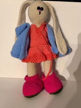 Handmade Crochet Bunny Doll in Cream, Coral, Sky Blue & Pink